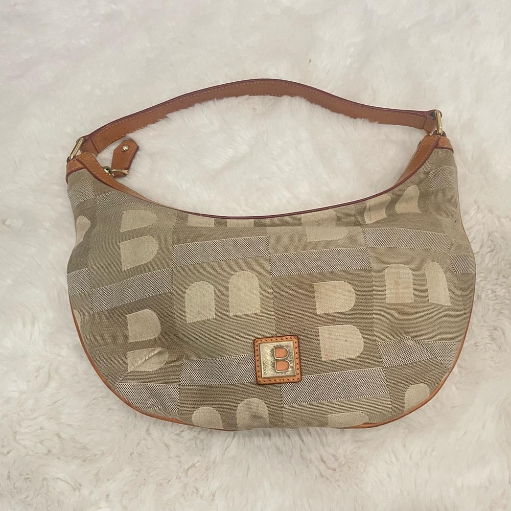 Bally, Cream and Brown Geometric Hobo Bag with Leather Trim